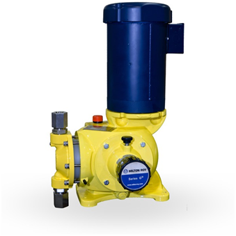 Technician checking an industrial dosing pump in a water treatment system