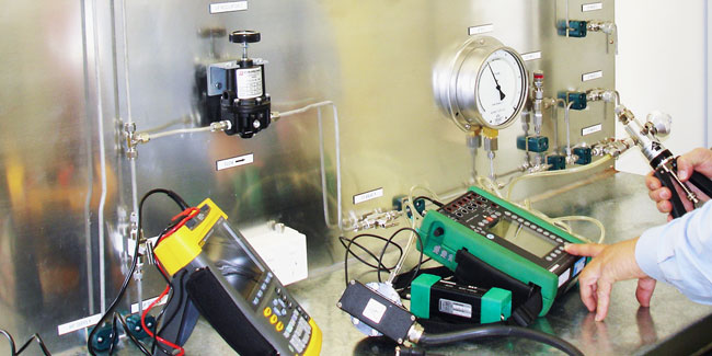 Technicians handling electrical and electronic measuring instruments for inspection service