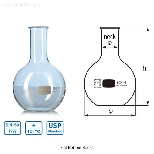 Laboratory flasks and glass vessels used for mixing, preparation, and storage